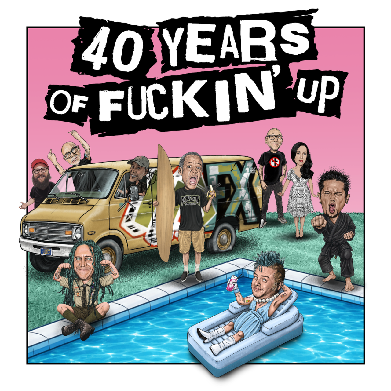 Illustrated poster for NOFX 40 Years of Fuckin' Up tour featuring band member caricatures around a yellow tour van and swimming pool.